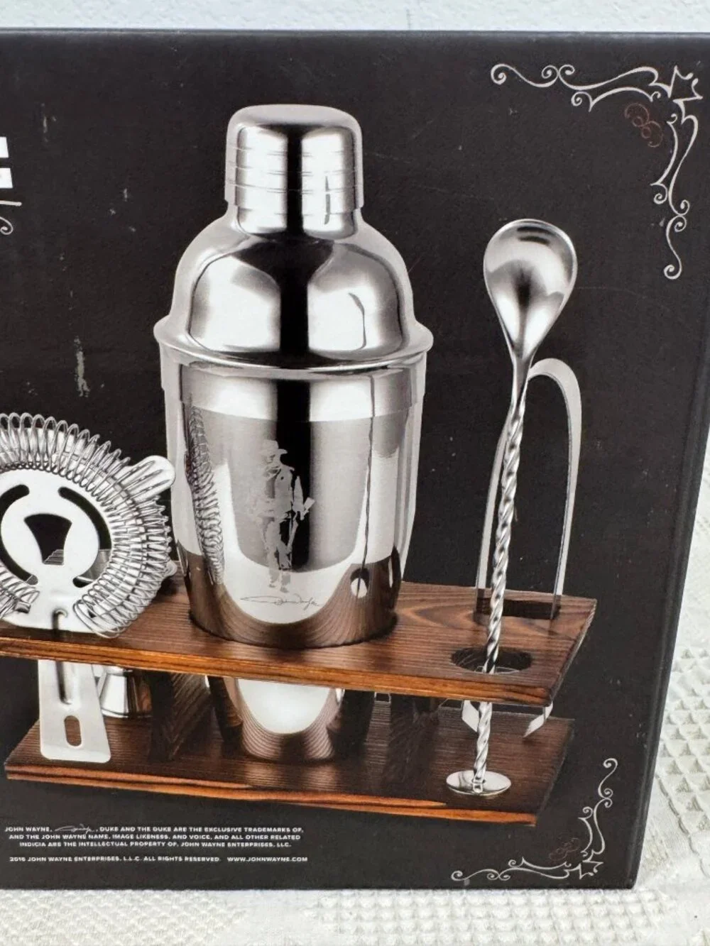 John Wayne Barware Stainless Steel Cocktail Shaker Set With Pine Stand